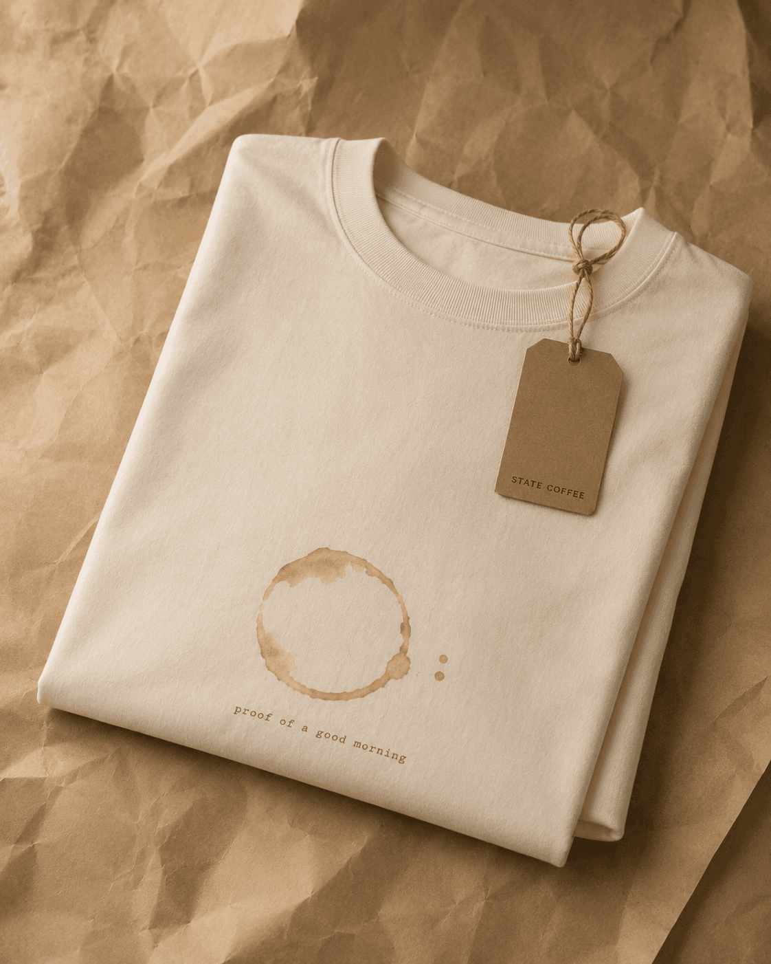 The cream t-shirt folded on kraft paper with a 'State Coffee' branded hang tag, showing the coffee ring stain print.