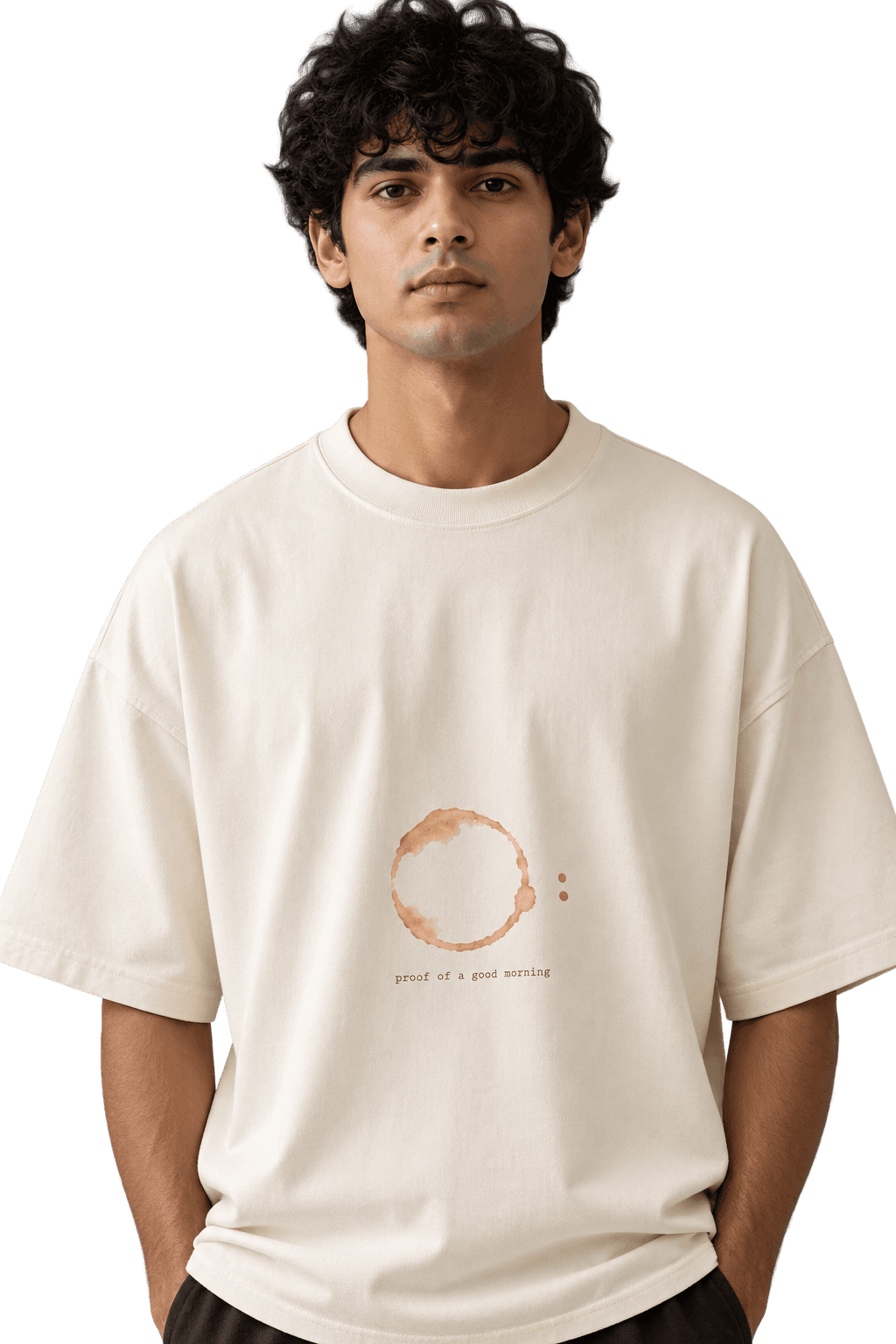 A model wearing an oversized cream t-shirt with a faded coffee ring stain print and the caption 'proof of a good morning', shot on a plain background.