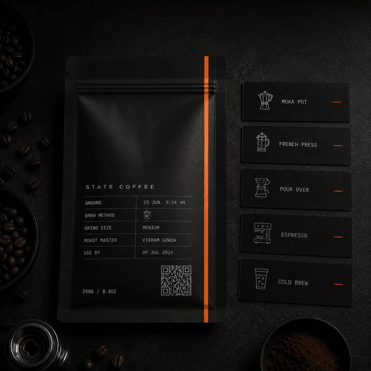 Overhead view of a State Coffee bag beside cards for moka pot, french press, pour over, espresso, and cold brew.