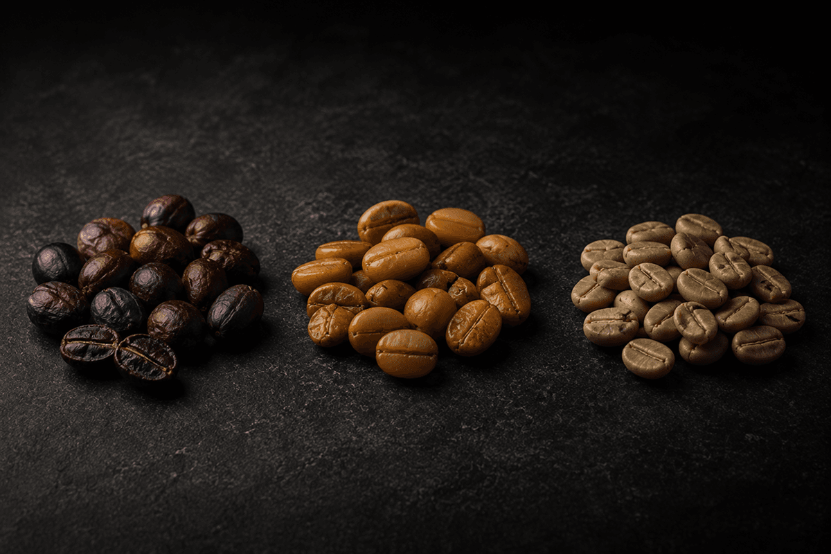 Three piles of coffee at different stages — raw cherries, roasted beans, and green beans.