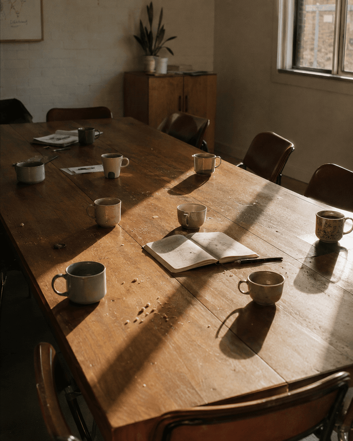 A long wooden table after a gathering — a dozen used mugs, an open notebook and pen, low afternoon light raking across it.