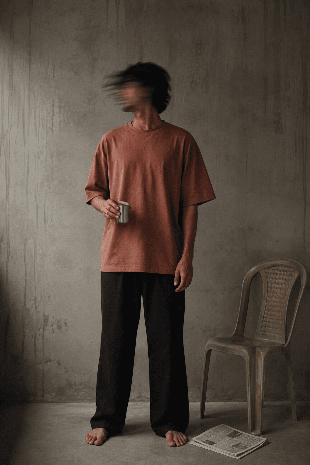 Someone in a terracotta oversized tee against a bare concrete wall, holding a steel tumbler.