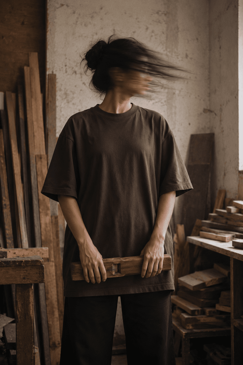 Someone in a dark brown oversized tee in a woodworking shop, holding a wooden plane.